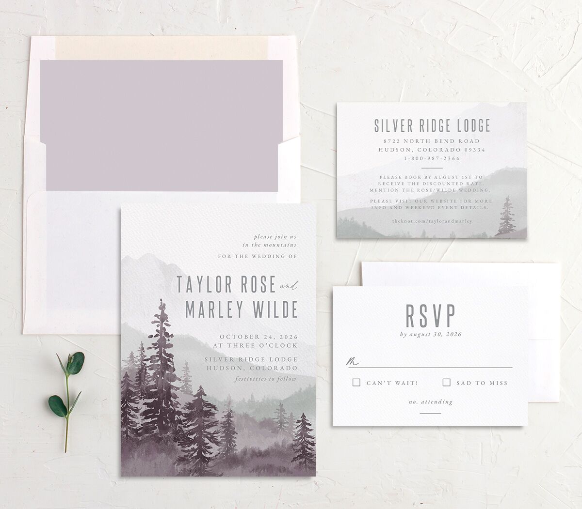 Painted Mountains Wedding Invitations suite in purple