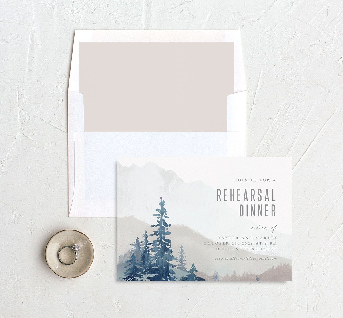 Mountain Canvas Rehearsal Dinner Invitations envelope-and-liner