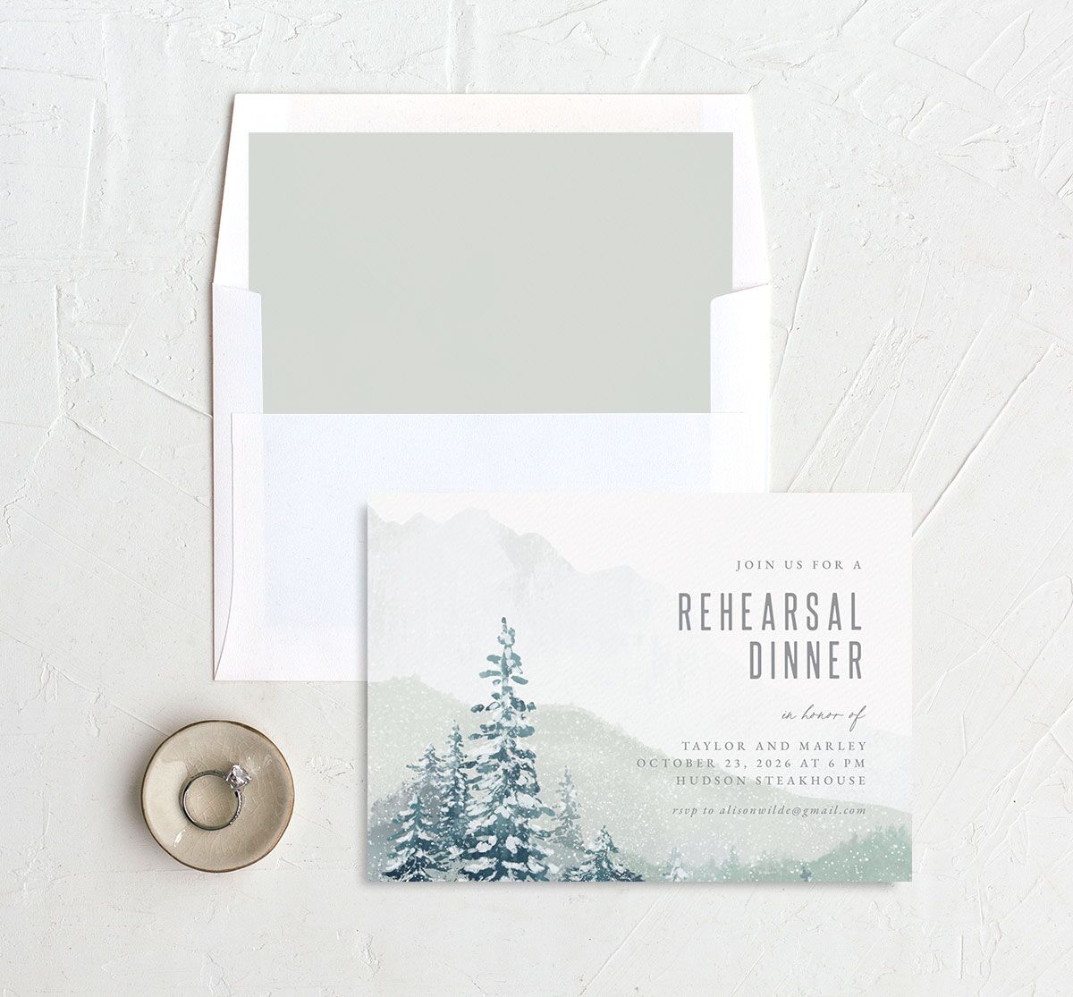 Mountain Canvas Rehearsal Dinner Invitations envelope-and-liner in teal