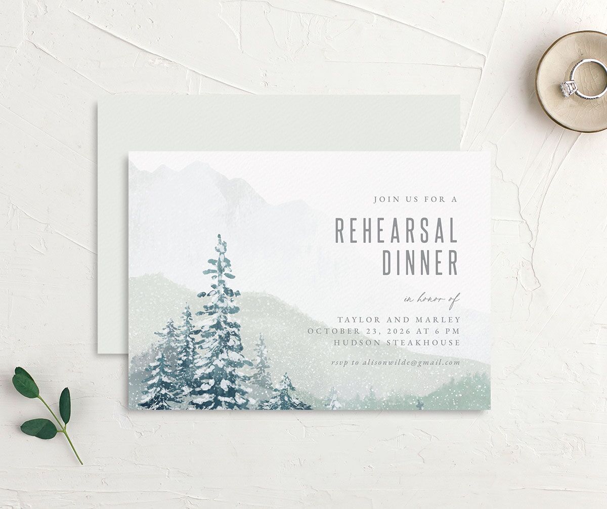 Mountain Canvas Rehearsal Dinner Invitations front-and-back in teal