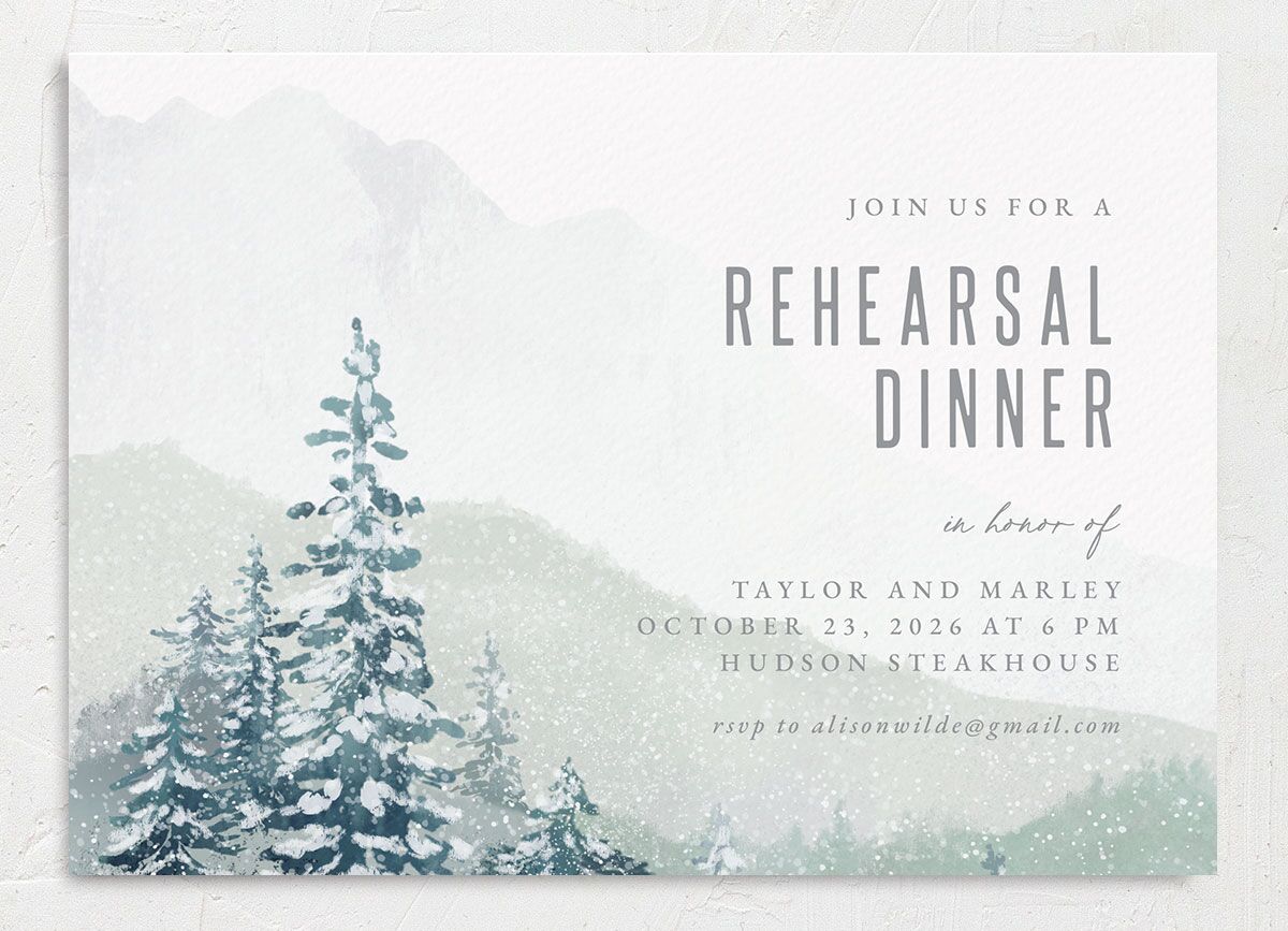 Mountain Canvas Rehearsal Dinner Invitations front in teal