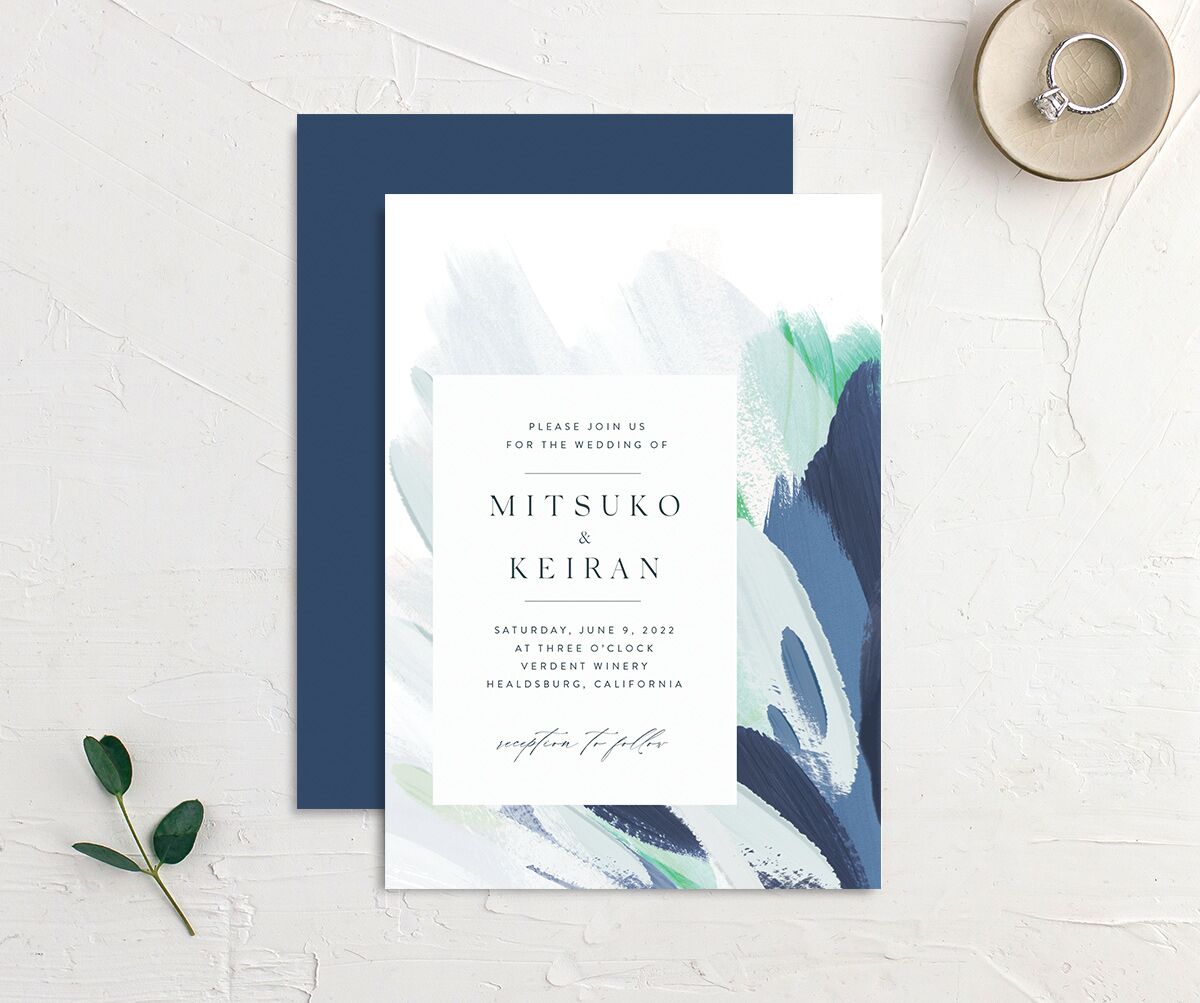Floral Brushstroke Wedding Invitations front-and-back in blue