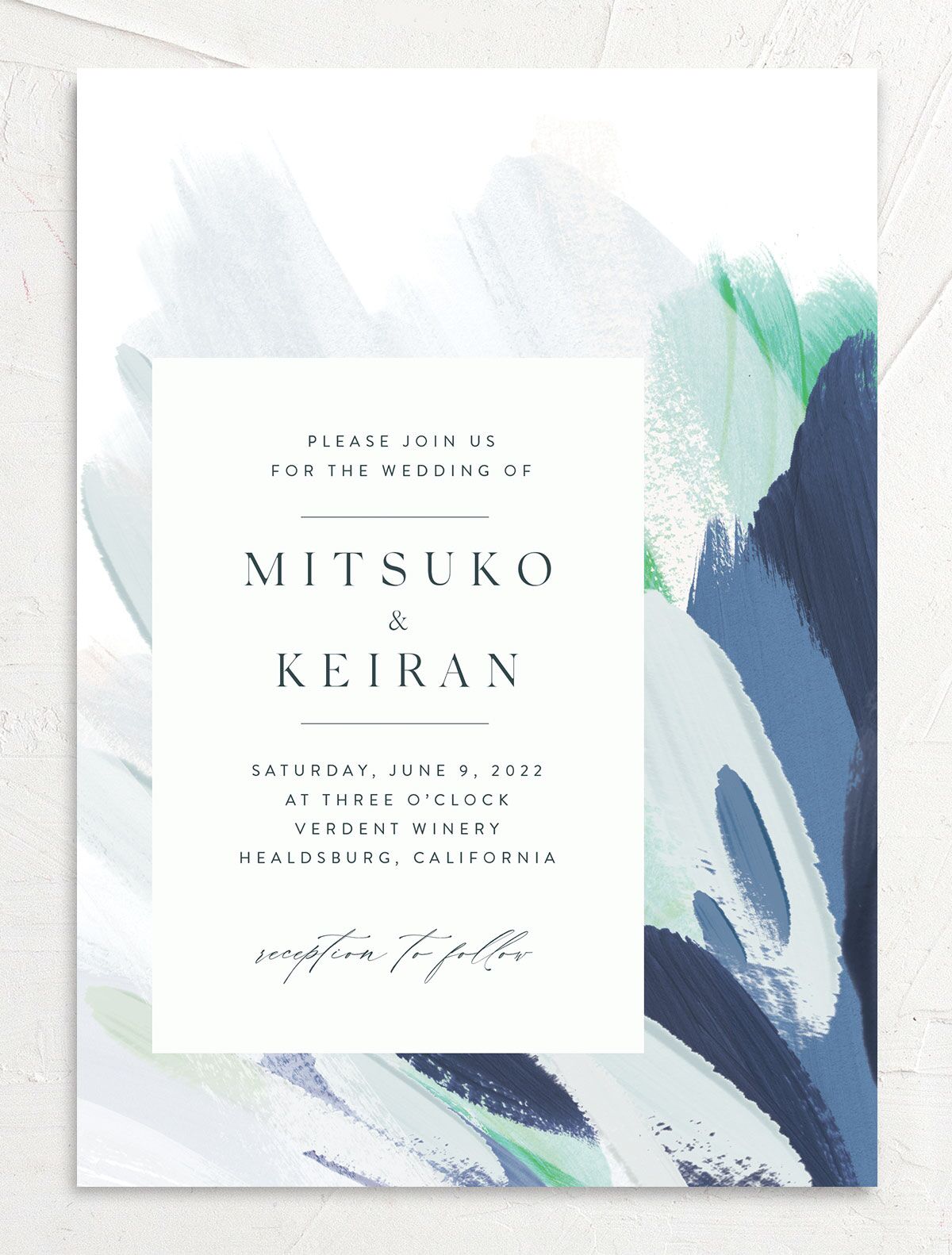 Floral Brushstroke Wedding Invitations front in blue