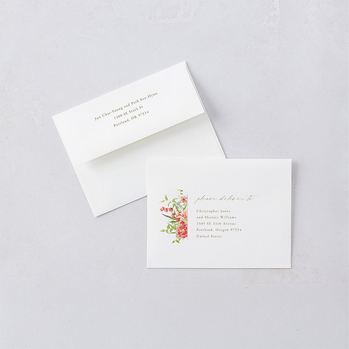 Bom Bloom Save the Date Petite Card Envelopes White Pure White Both Recipient and Return Addresses Signature Standard