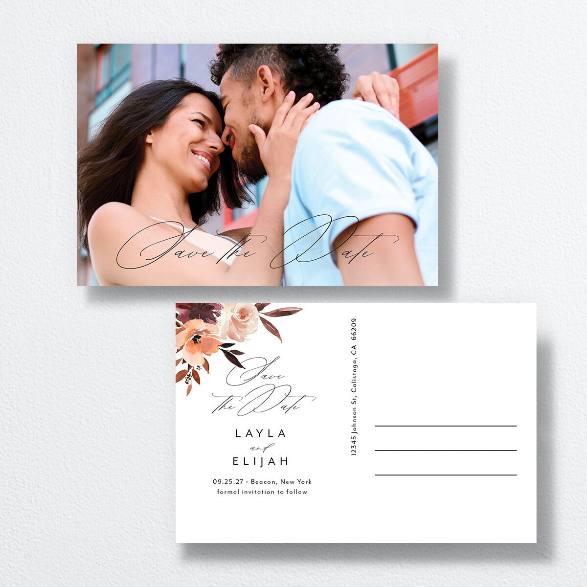 Leafy Floral Save The Date Postcards front-and-back in Black