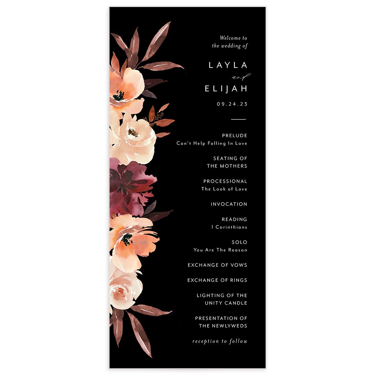 Painted Petals Wedding Programs front in black