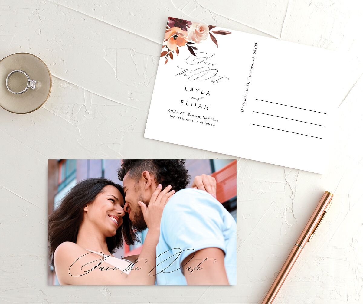 Painted Petals Save the Date Postcards front-and-back in black