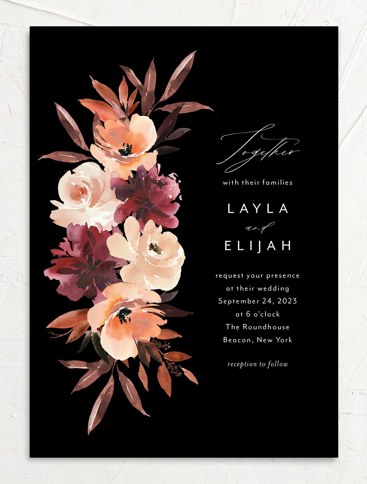 Painted Petals Wedding Invitations front in black