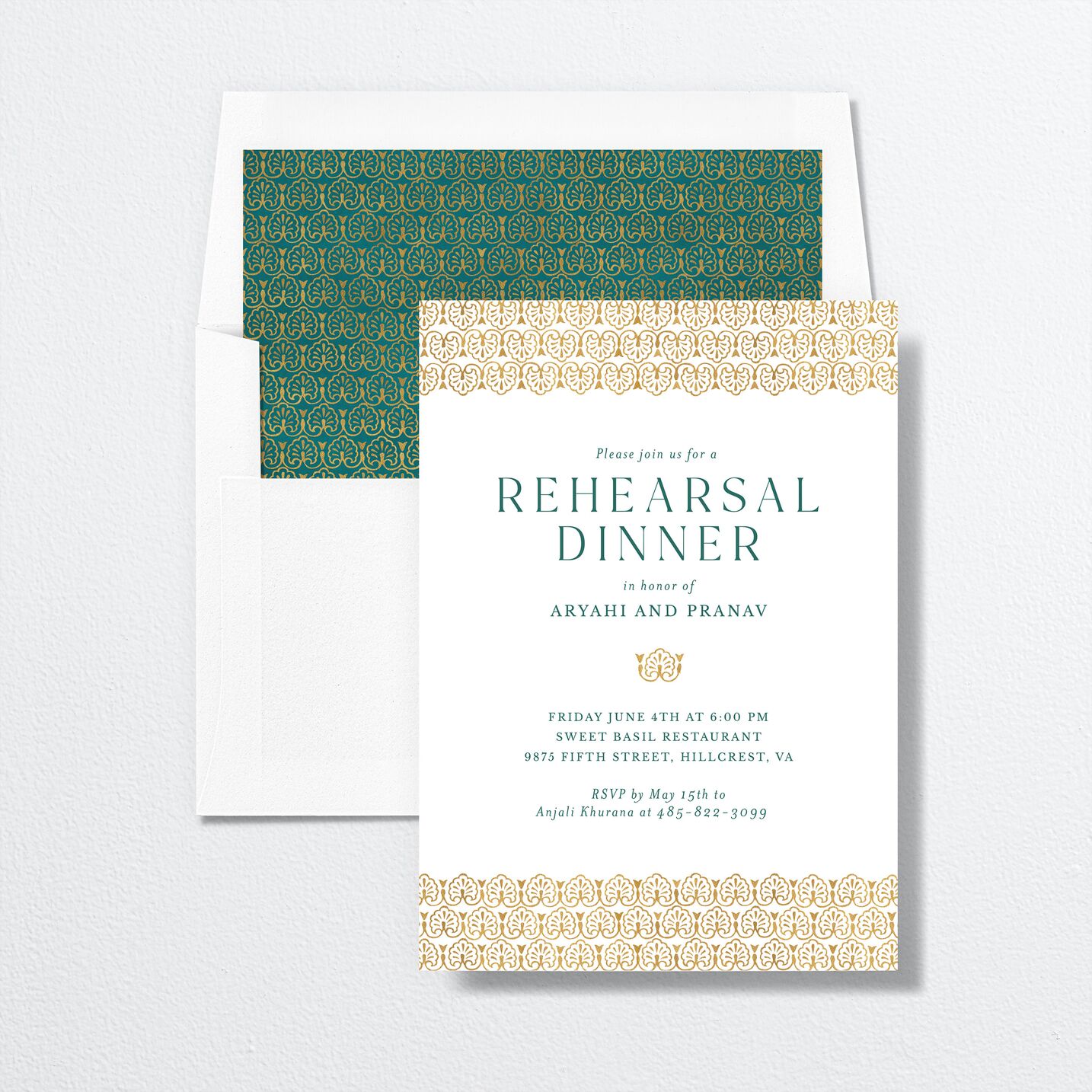 Ornamental Elegance Rehearsal Dinner Invitations envelope-and-liner in white