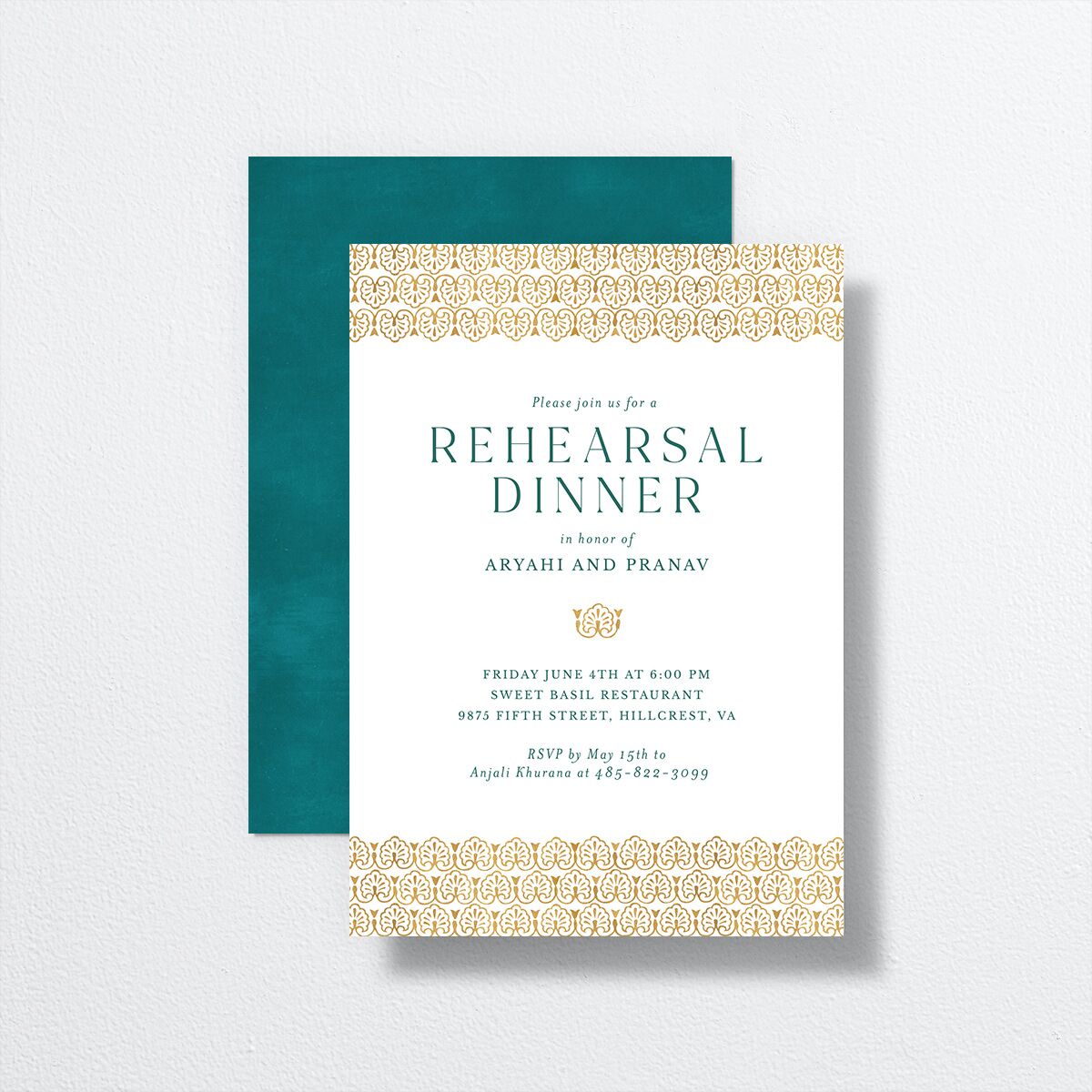 Ornamental Elegance Rehearsal Dinner Invitations front-and-back in white