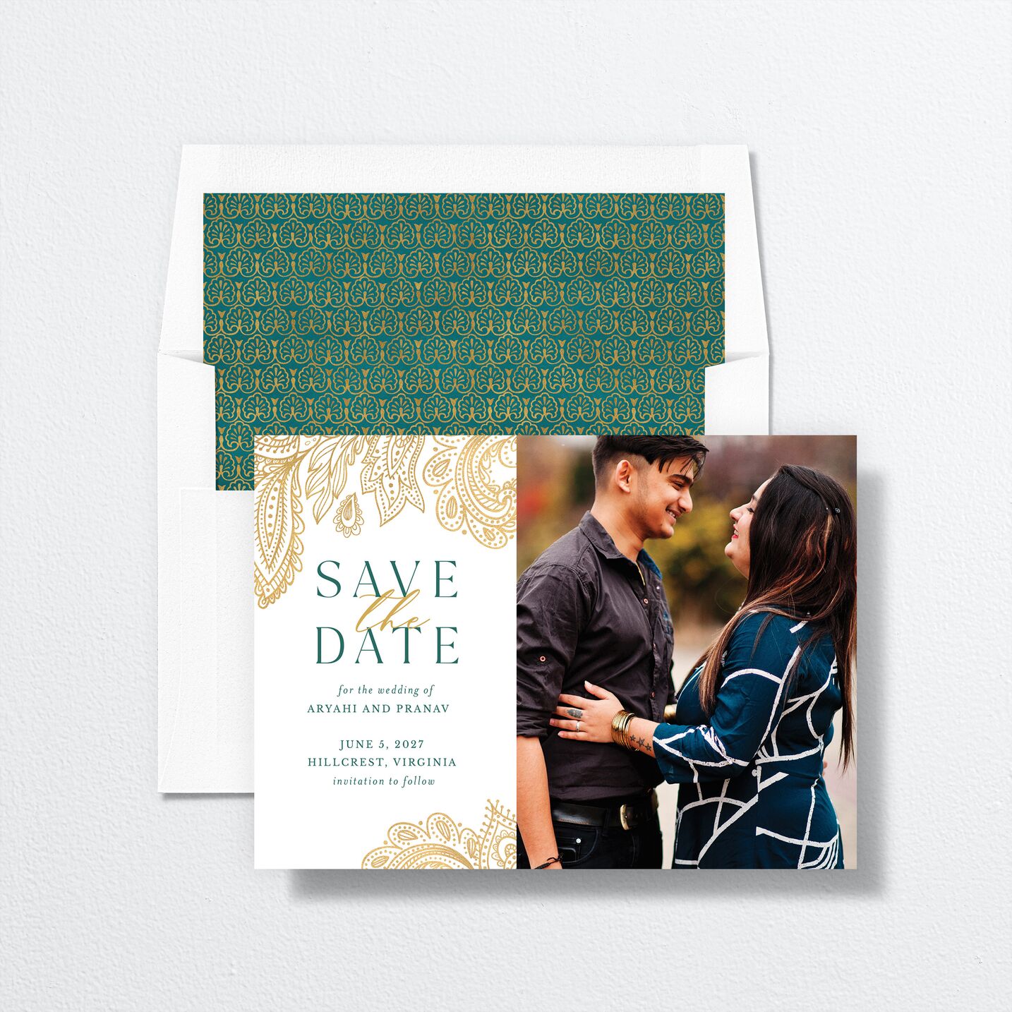 Ornamental Elegance Save The Date Cards envelope-and-liner in white