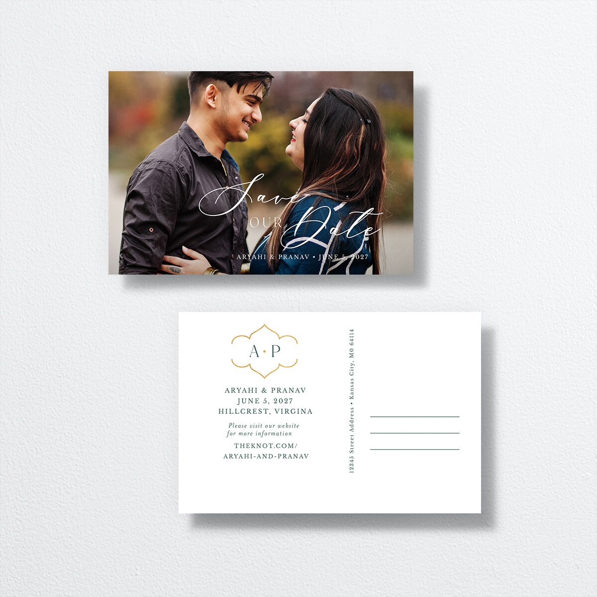 Ornamental Elegance Save The Date Postcards front-and-back in white
