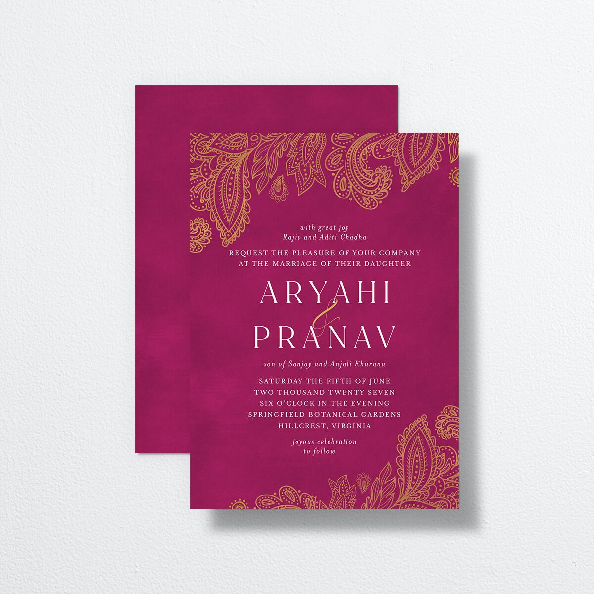 Ornamental Elegance Wedding Invitations front-and-back in Pink