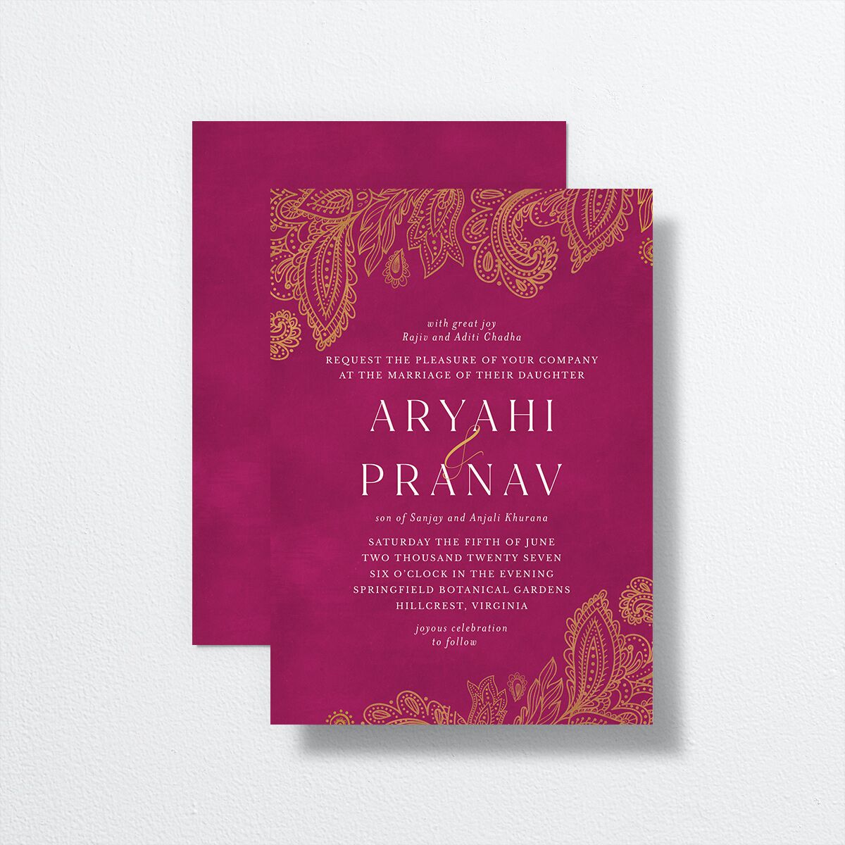 Ornamental Elegance Wedding Invitations front-and-back in pink