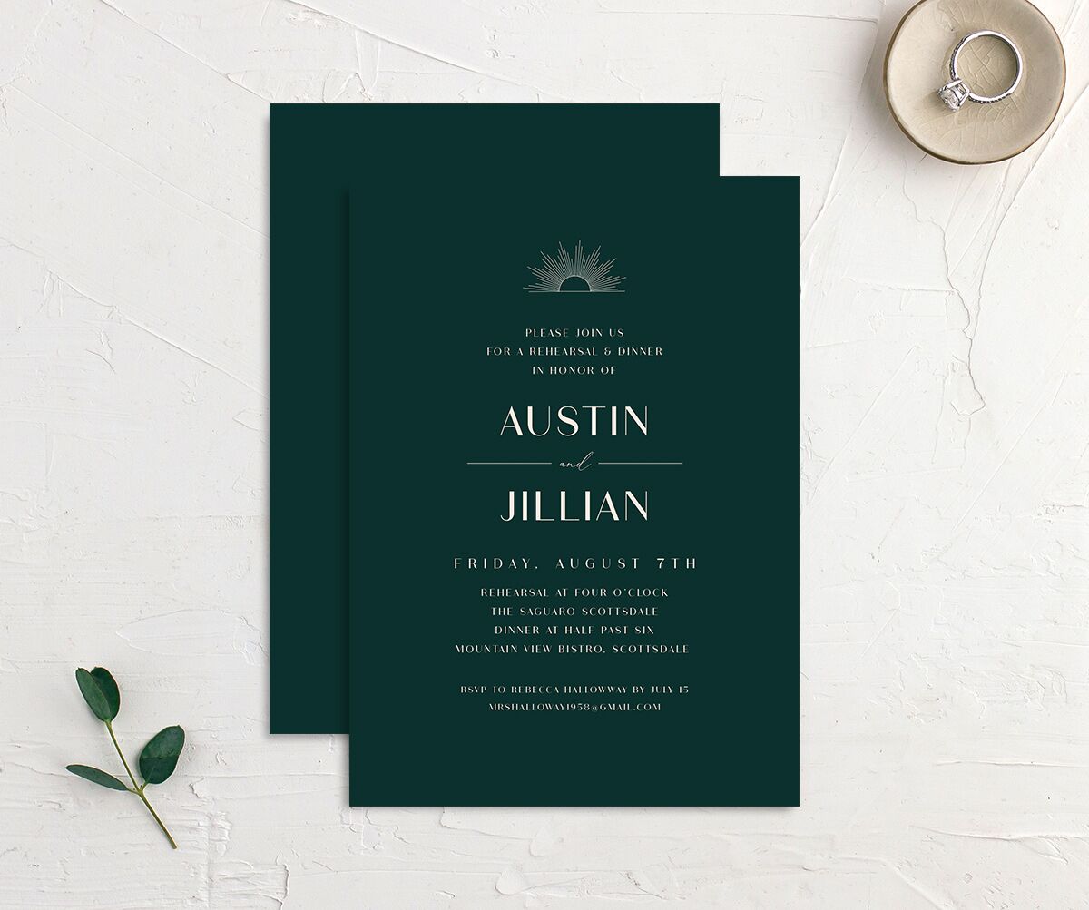 Art Deco Accents Rehearsal Dinner Invitations front-and-back in brown