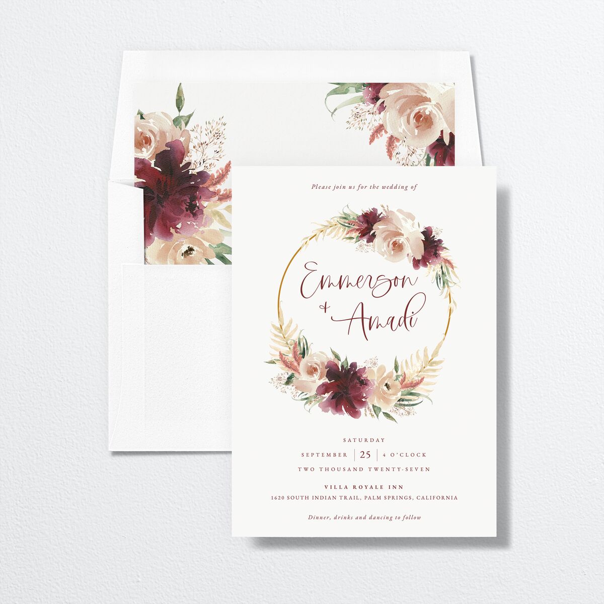 Floral Wreath Change the Date Cards Merlot Signature