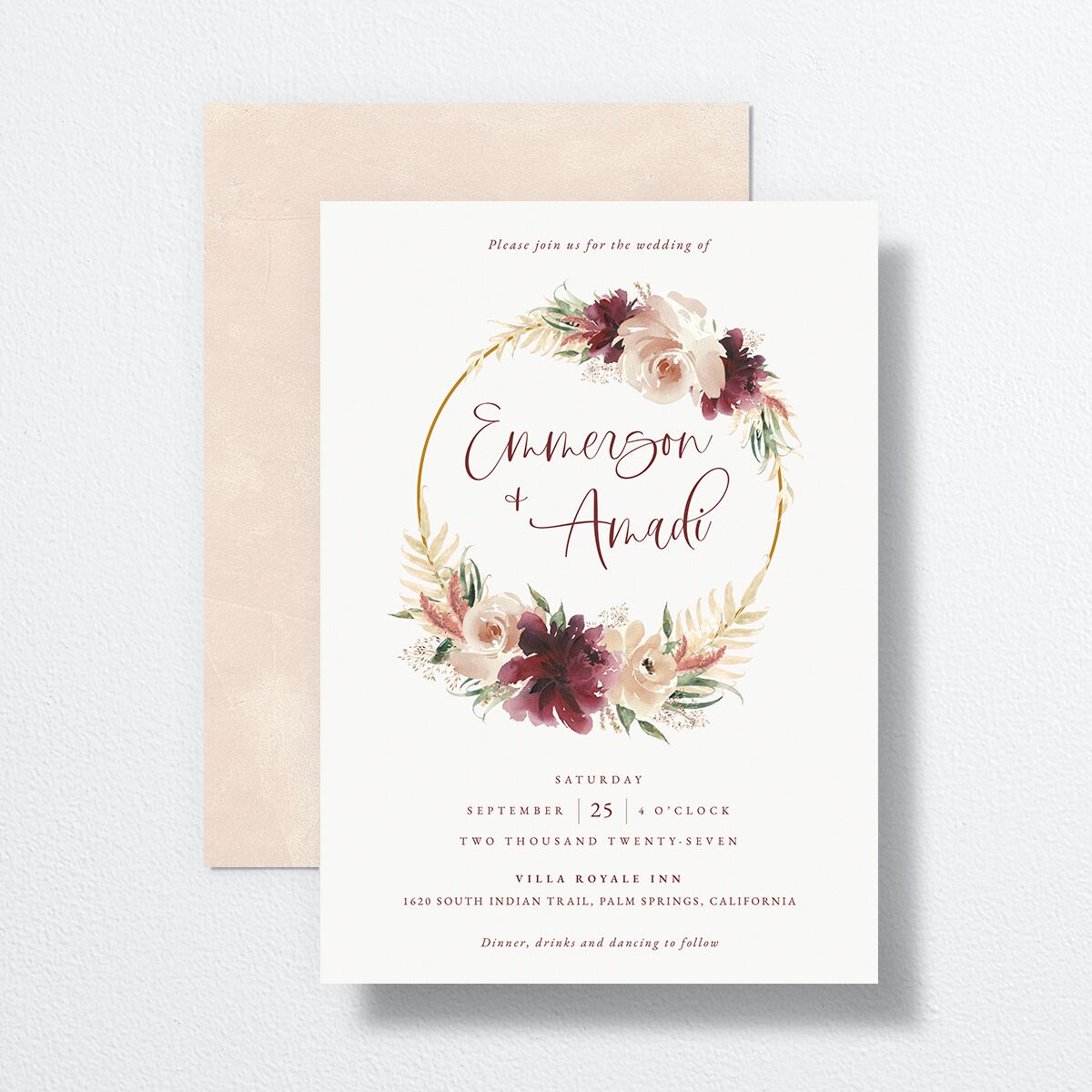 Floral Wreath Wedding Invitations front-and-back in burgundy