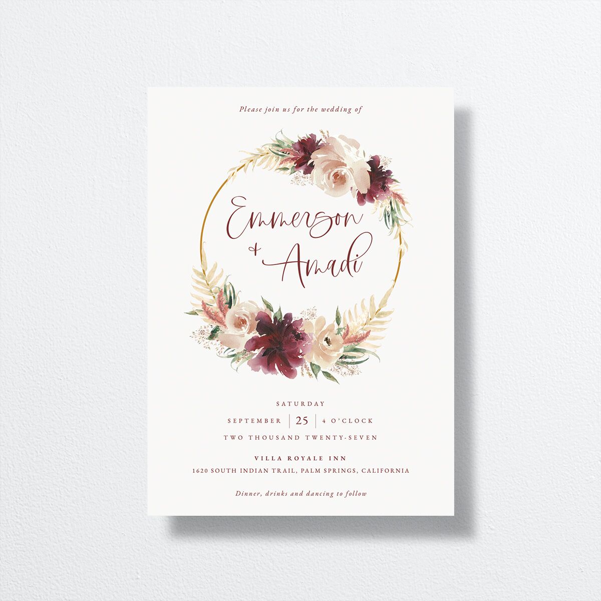 Floral Wreath Wedding Invitations front in burgundy