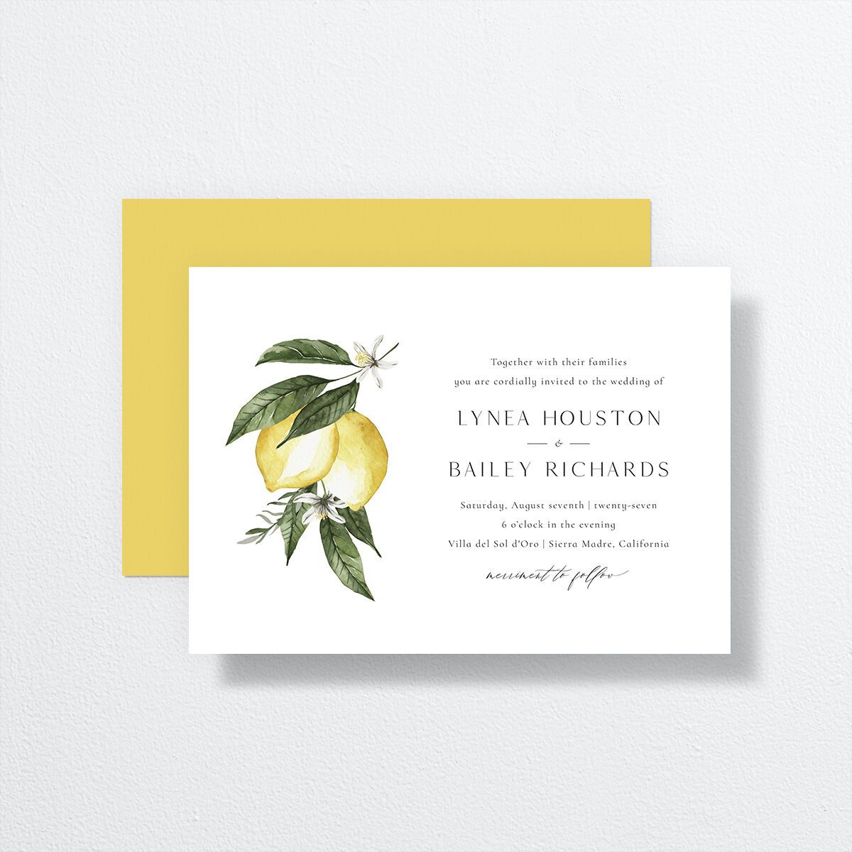 Botanical Lemon Wedding Invitations front-and-back in yellow