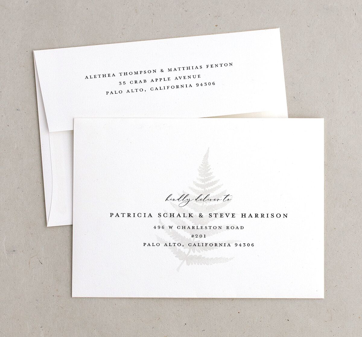 Woodsy Ferns Save The Date Card Envelopes White Standard Scottish Green Both Recipient and Return Addresses Signature