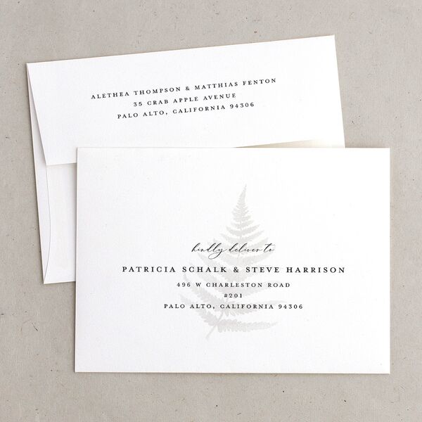 Woodsy Ferns Save The Date Card Envelopes White Standard Scottish Green Both Recipient and Return Addresses Signature