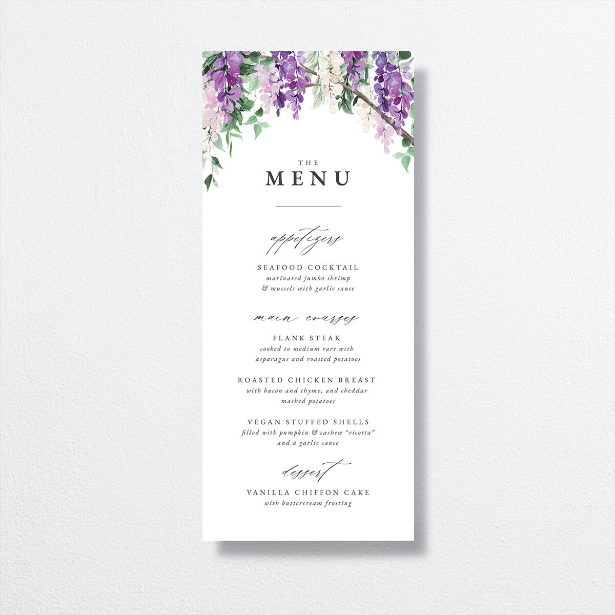 Romantic Wisteria Menus Purple Petal Signature