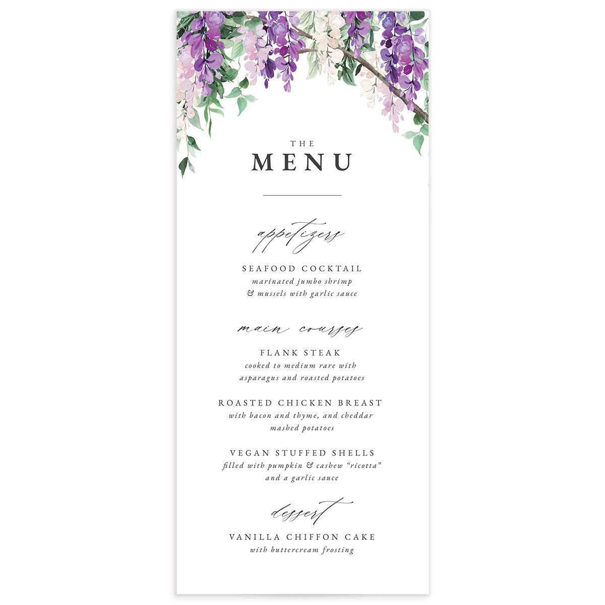 Romantic Wisteria Menus