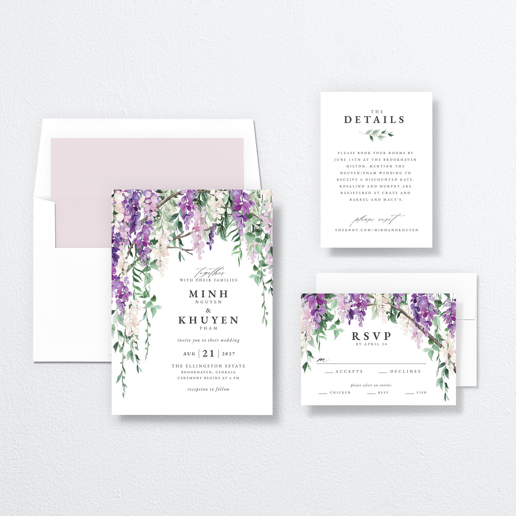 Romantic Wisteria Wedding Invitations suite in purple