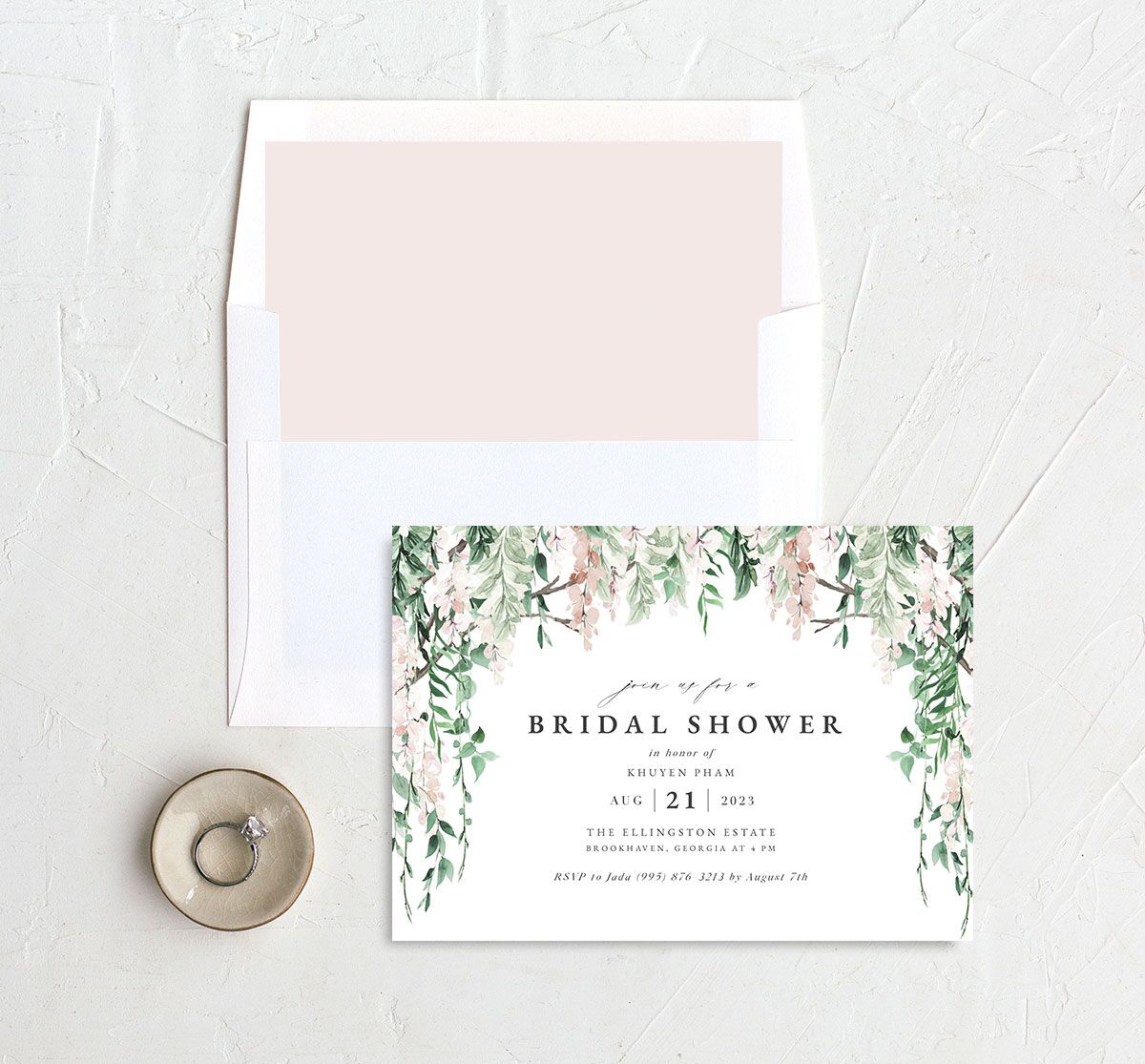 Enchanting Wisteria Bridal Shower Invitations envelope-and-liner in pink