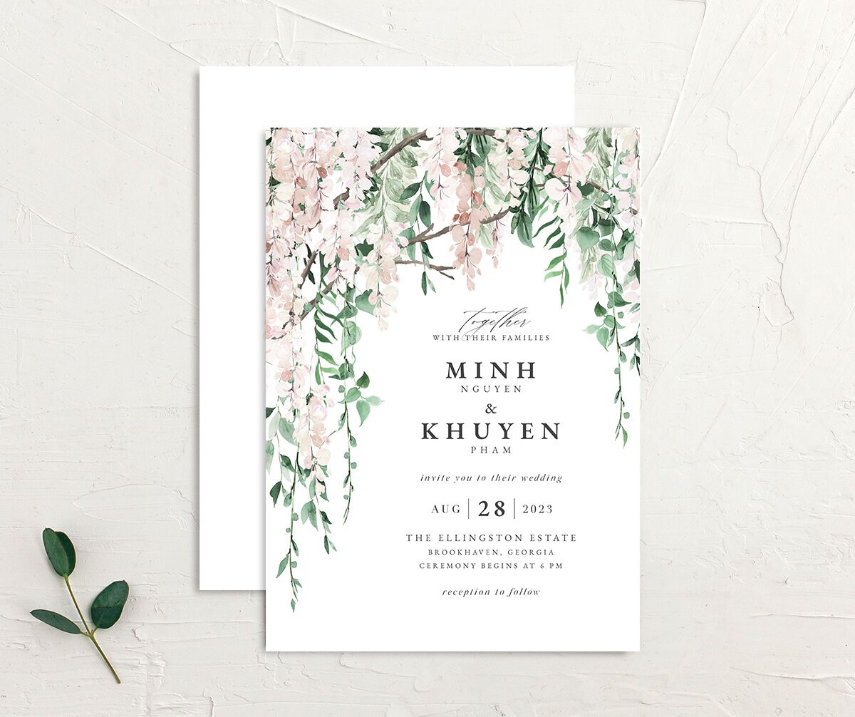 Enchanting Wisteria Wedding Invitations front-and-back in pink