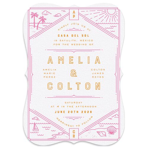 Iconic Beach Wedding Invitations Hot Pink Signature Blank No Bracket