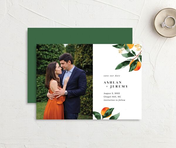 Orange Citrus Save The Date Cards front-and-back in Orange