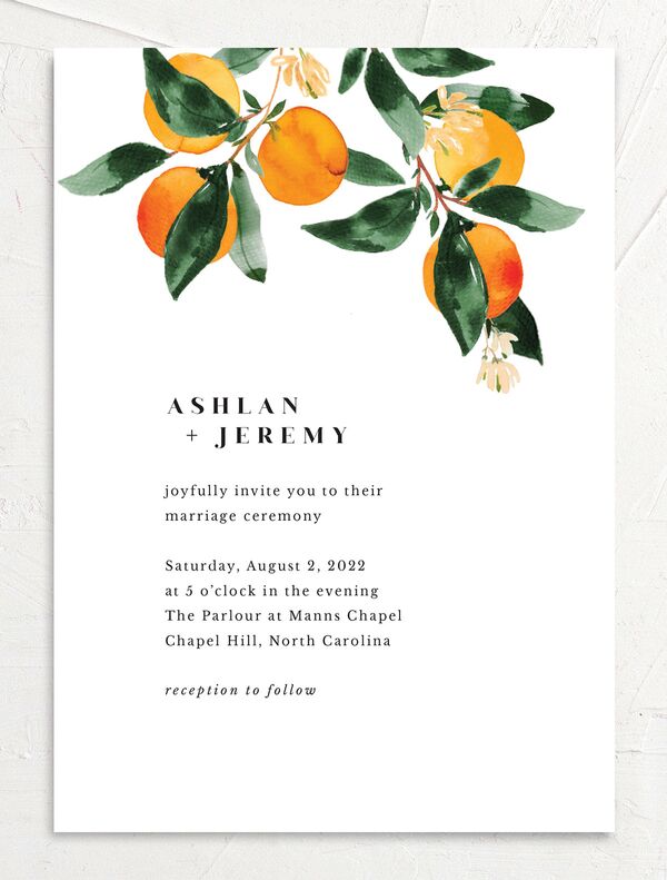 Orange Citrus Wedding Invitations front in Orange