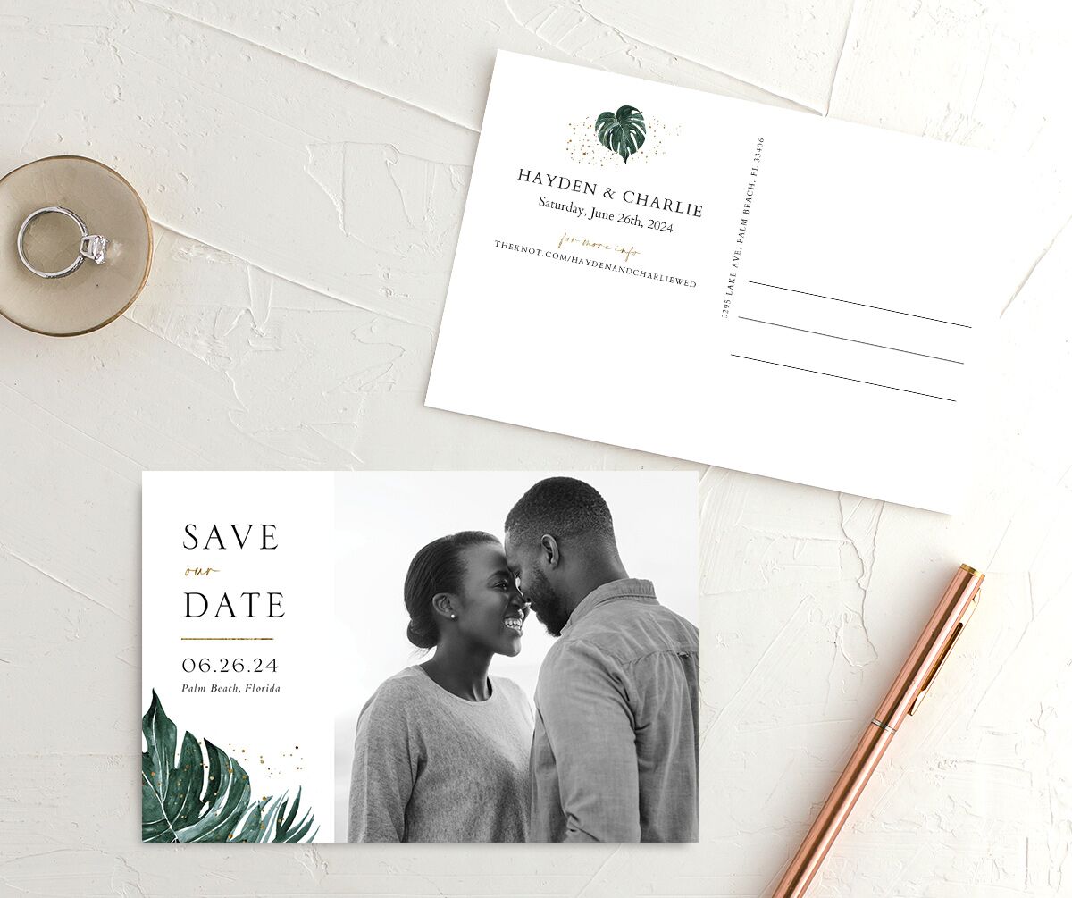 Tropical Monstera Save The Date Postcards Eucalyptus