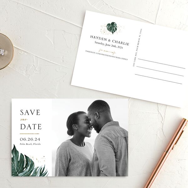 Tropical Monstera Save The Date Postcards Eucalyptus