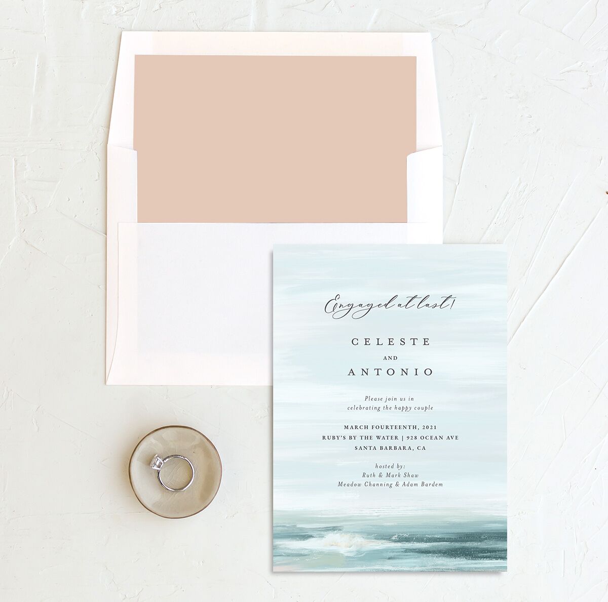 Painted Beach Engagement Party Invitations envelope-and-liner in blue