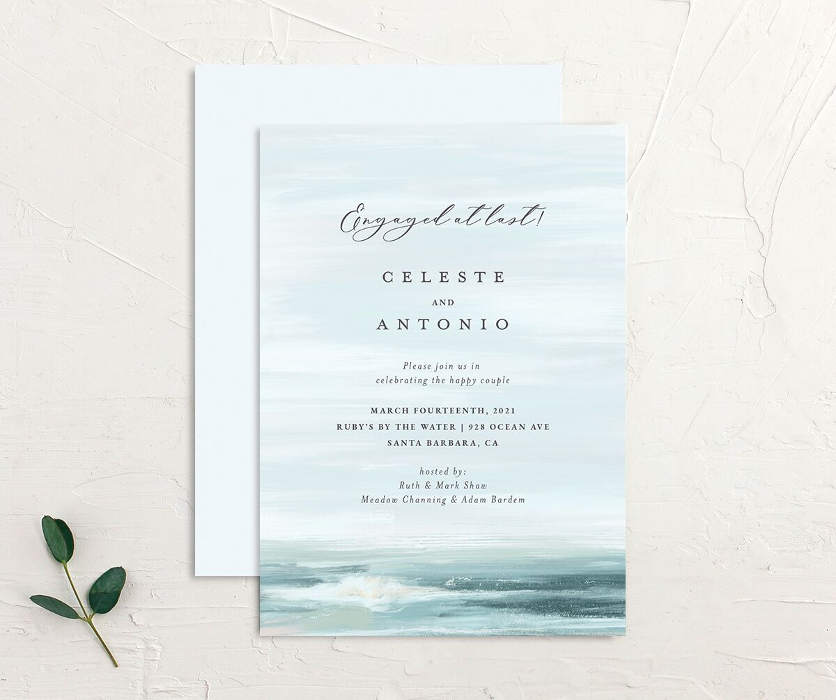 Painted Beach Engagement Party Invitations front-and-back in blue