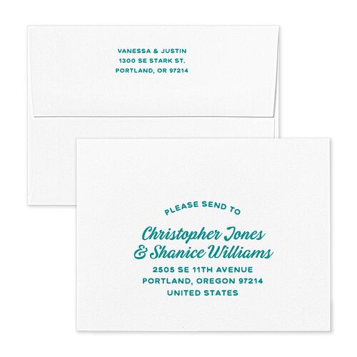 Illustrated Retro Coastal Beach Save the Date Magnet Envelopes White Turquoise Both Recipient and Return Addresses Signature Standard