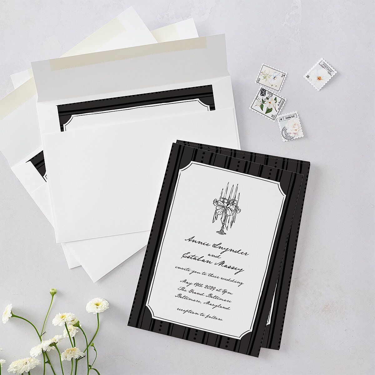 Vintage Candelabra with Bow Wedding Invitations Charcoal Signature Blank No Standard