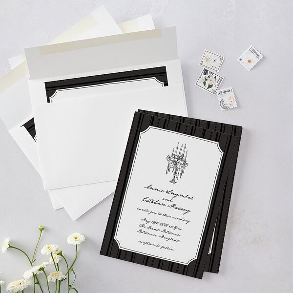 Vintage Candelabra with Bow Wedding Invitations Charcoal Signature Blank No Standard