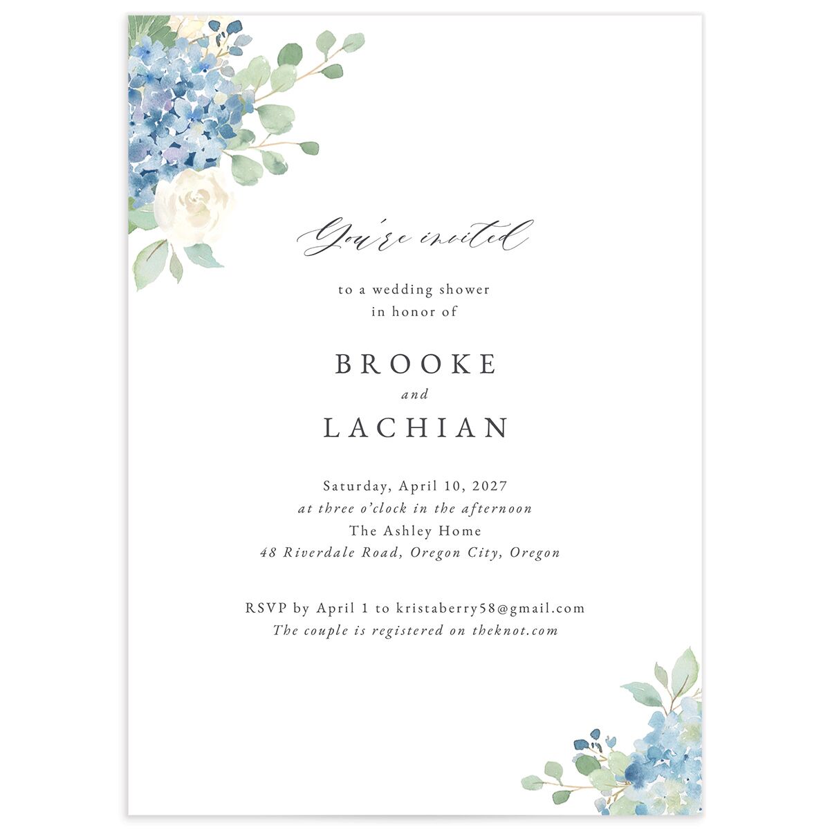 Elegant Hydrangea Bridal Shower Invitations