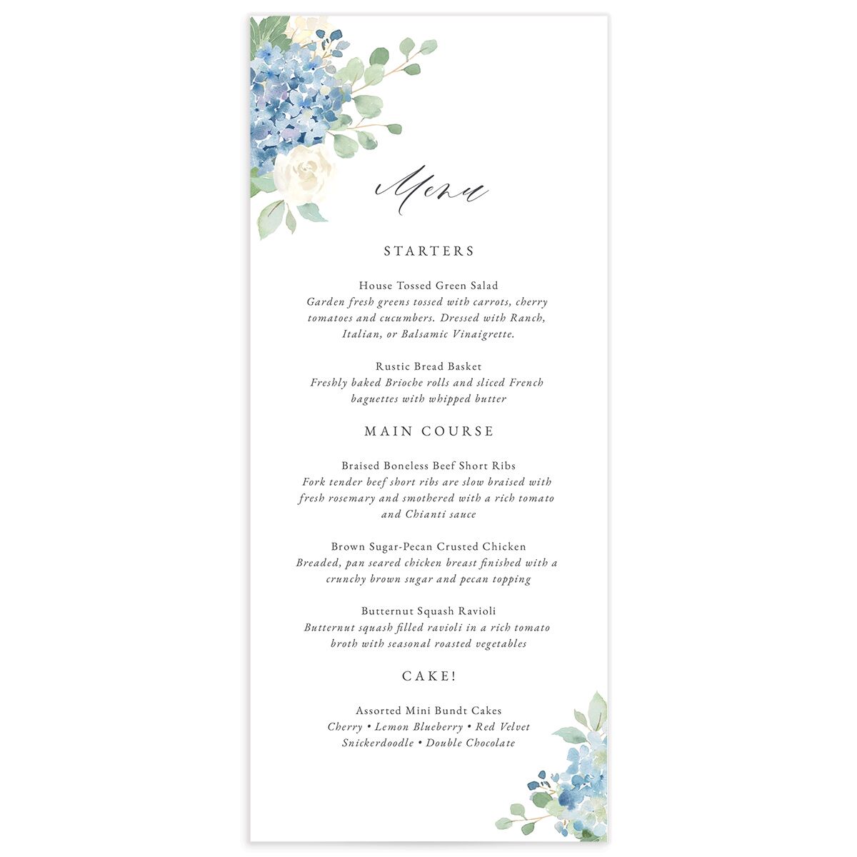 Elegant Hydrangea Menus