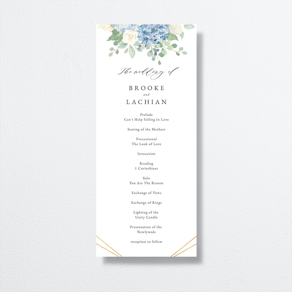 Elegant Hydrangea Wedding Programs front in blue