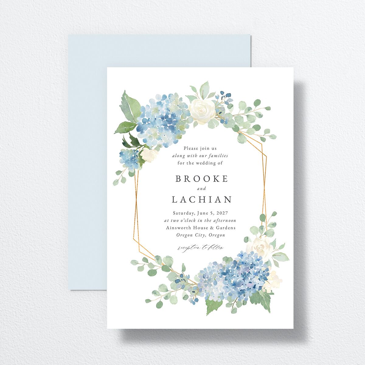 Elegant Hydrangea Wedding Invitations front-and-back in Blue
