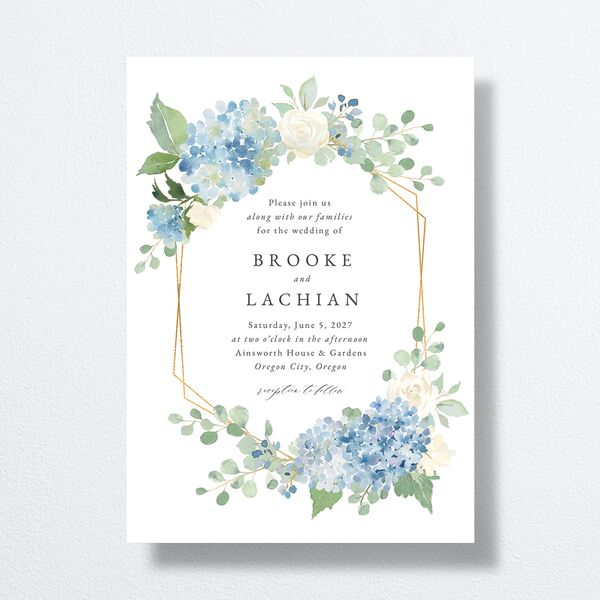Elegant Hydrangea Wedding Invitations front in Blue