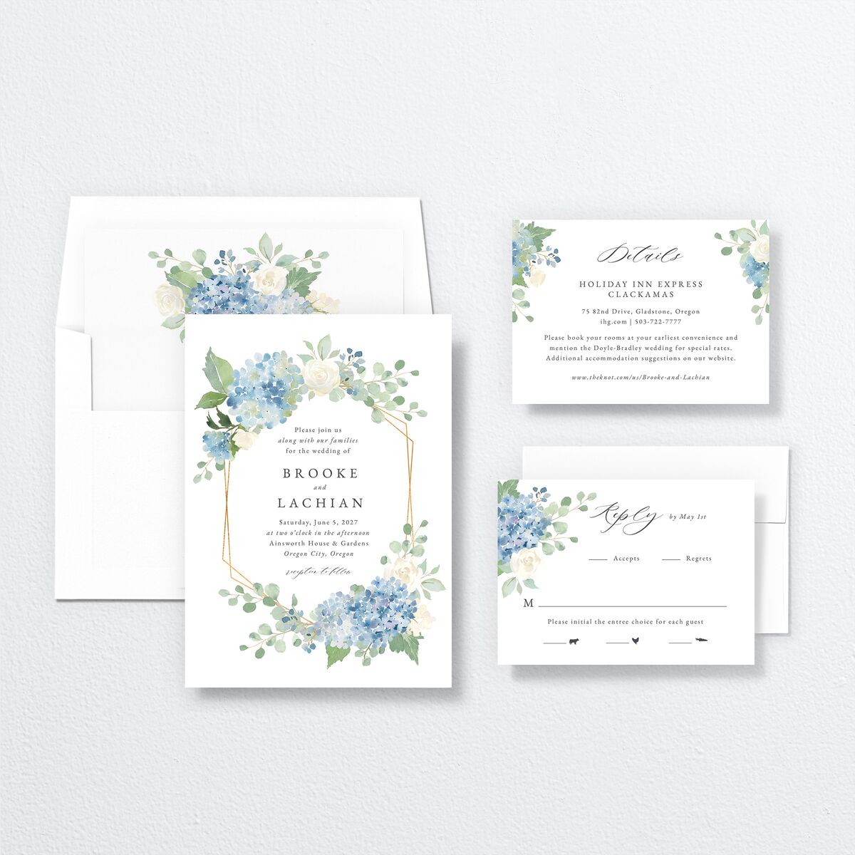 Elegant Hydrangea Wedding Invitations suite in Blue