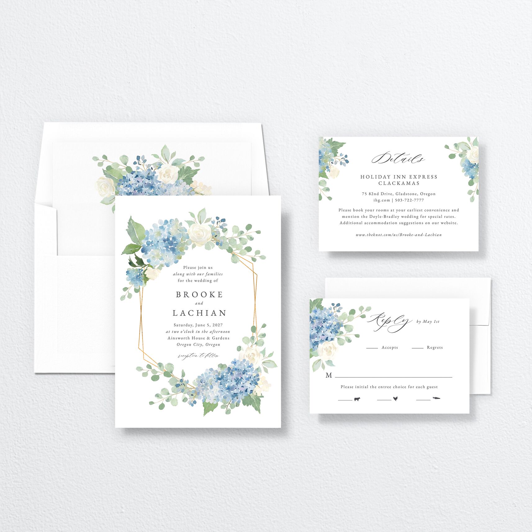 Elegant Hydrangea Wedding Invitations suite in blue