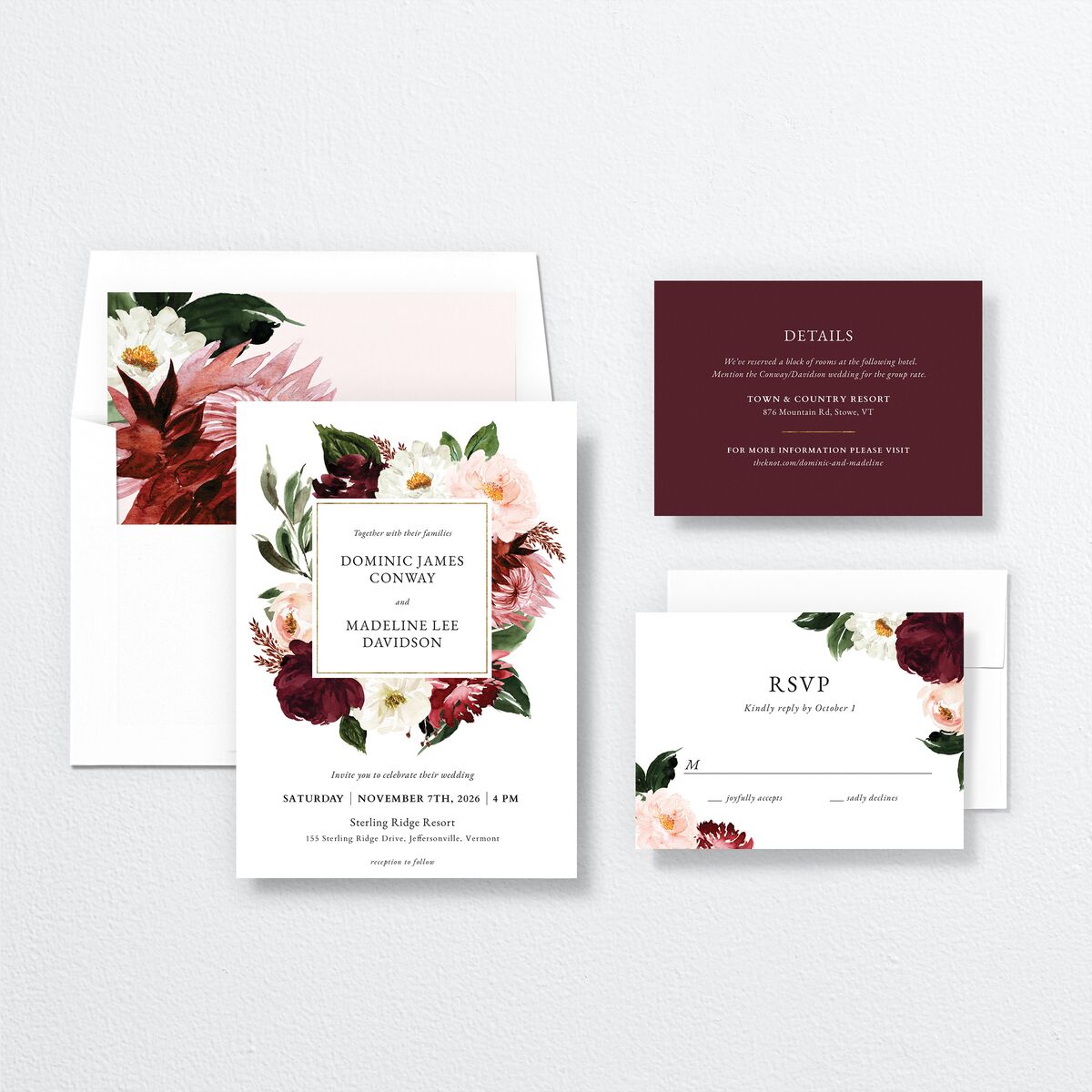 Striking Blooms Wedding Invitations Burgundy Signature No