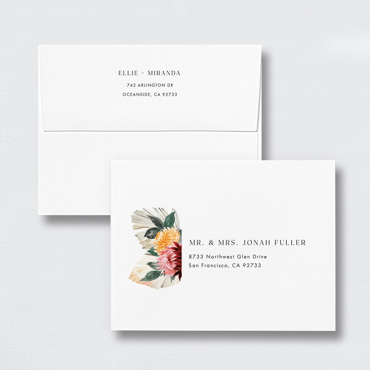 California Florals Thank You Card Envelopes White Standard Cotton Both Recipient and Return Addresses Signature