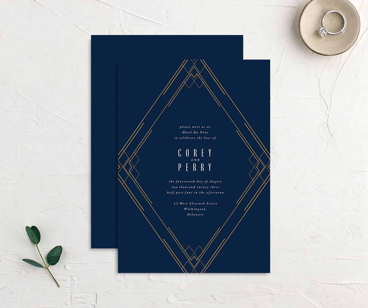 Formal Deco Wedding Invitations front-and-back in blue